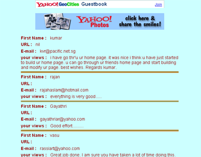 a screen shot of the guest book for the site - Vayusutha