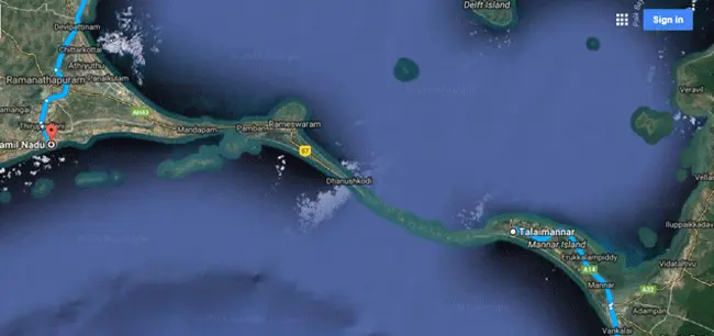 Nala Setu/Sri Rama Setu linking Bharat with Lanka, Setukarai marked red