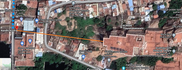Google map showing Thayumanaswami Temple and Nandhi temple on line of sight,Tirucharapalli, Tamil Nadu